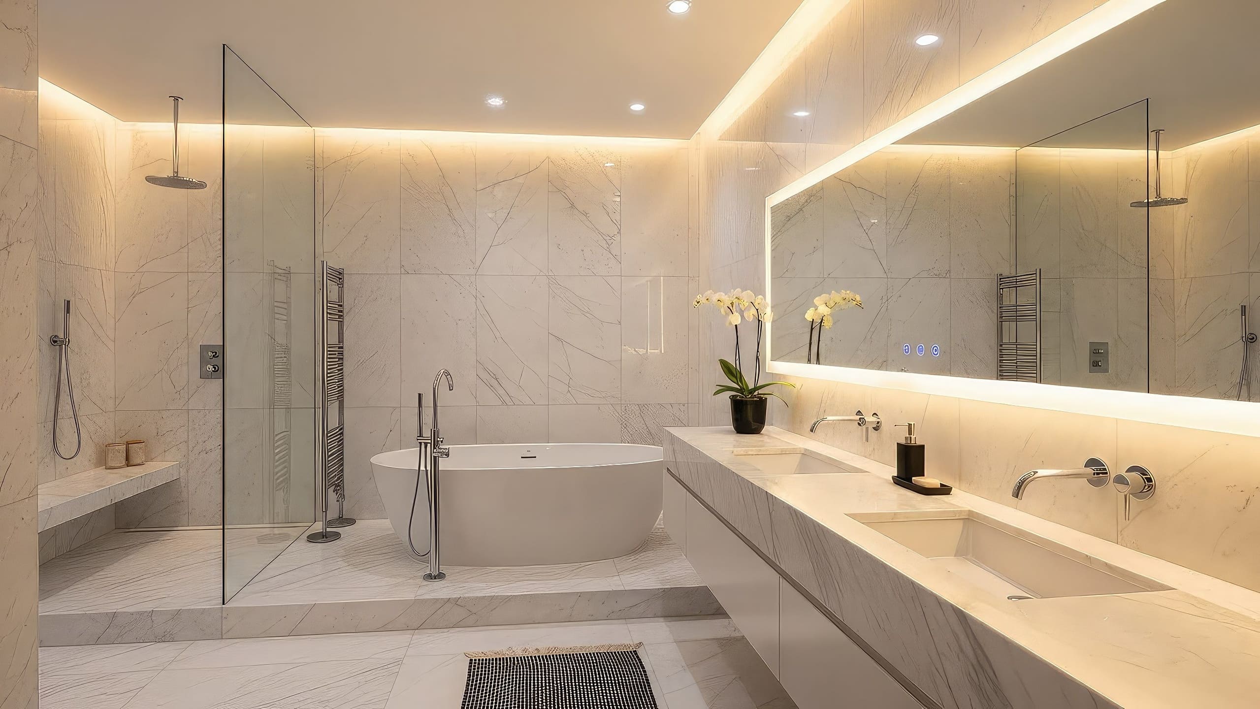 Einblick in ein Badezimmer mit Glastrennwand zur Dusche und beleuchtetem Spiegel