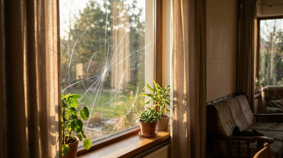 Wohnzimmer mit gesprungener Scheibe