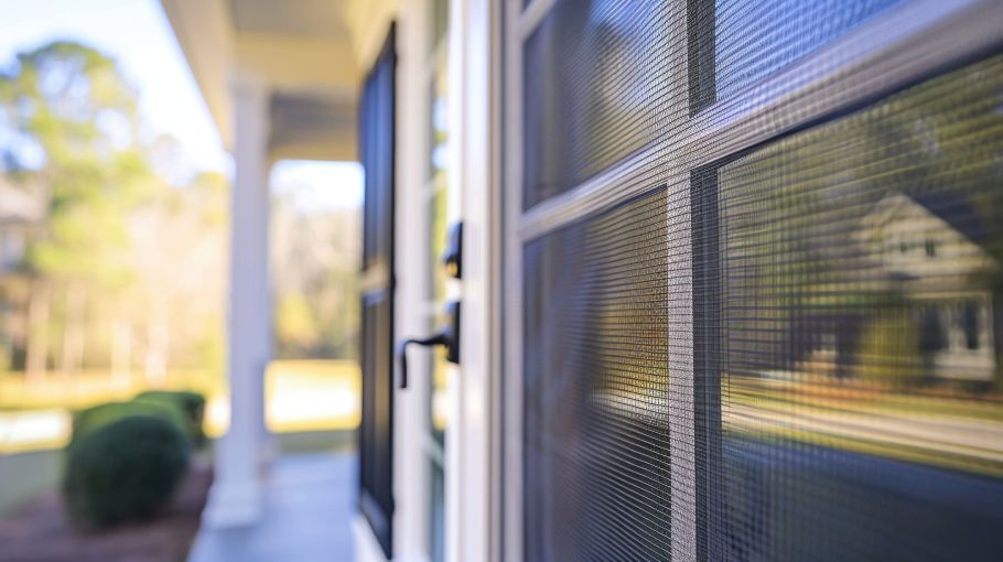 Schwarzes Insektenschutzgitter mit weißem Rahmen eingebaut vor weißem Fenster