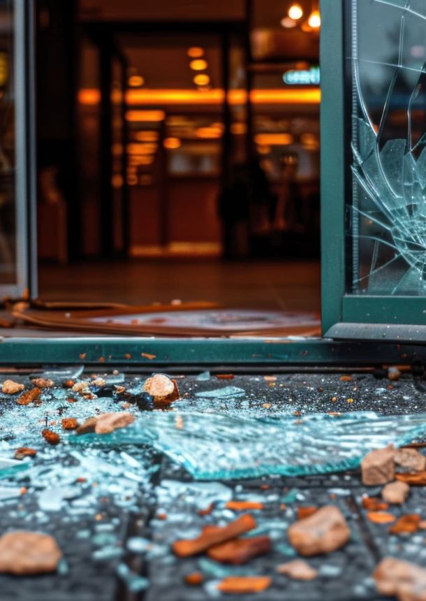 Kaputte Glas-Ladentür mit Scherben auf dem Fußboden.